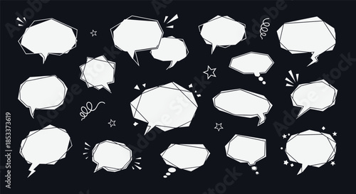Hand-drawn geometric speech bubbles with white outlines and decorative stars on a dark blue background for comic book elements.