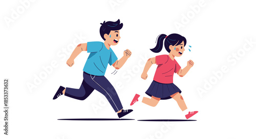 Young boy and girl in sports clothes enjoy running together with happy expressions, promoting fitness and a healthy lifestyle.