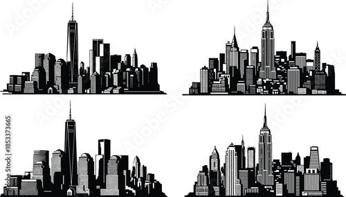 Detailed City Skyline Silhouettes Set, Modern Metropolitan New York Style Urban Building Landscapes for Graphic Design, Cityscape Horizons, Black Vector