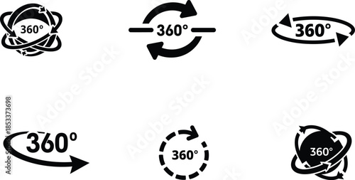 360 degree rotation icons set for virtual reality and panoramic view