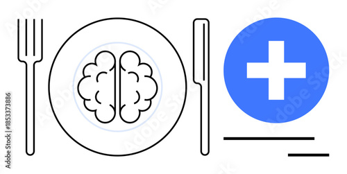 Brain health, nutrition, healthy eating, medical care, cognitive function, wellness. A plate with a brain illustration, knife fork and a medical cross. Brain health and nutrition concept