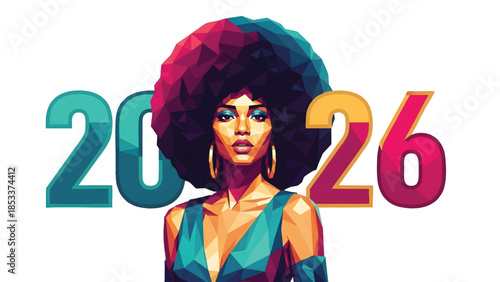 Illustration of a woman with an afro hairstyle and colorful numbers on a white background with a futuristic vibe.