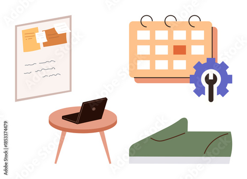 Bulletin board, table with laptop, gear with calendar, and couch for planning, work-life balance, time management, productivity, schedules, workflow and organization in a simple flat metaphor