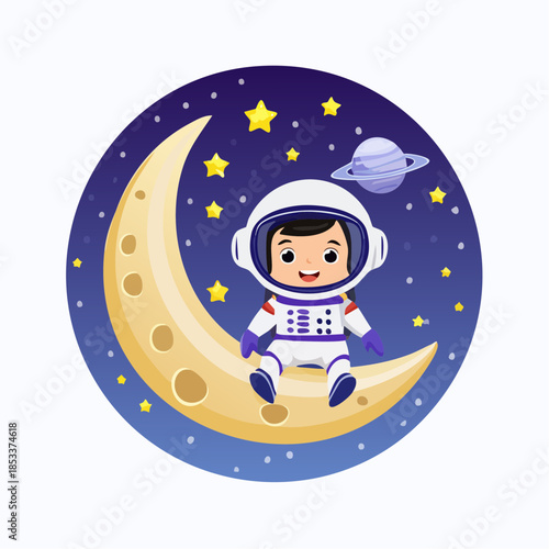 Little astronaut child explores cosmic dreams, joyfully sitting on a crescent moon in starry outer space adventure