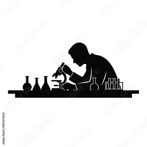 A cartoon silhouette of a scientist examining a specimen with a microscope surrounded by laboratory equipment including flasks and test tubes on a shelf in a simple white background.