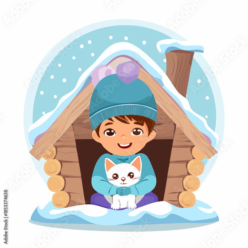 Adorable young boy and his fluffy white cat finding comfort and joy in a charming snow-covered cabin on a chilly winter day