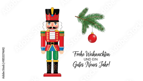 A colorful wooden nutcracker soldier with a festive Christmas tree branch and red ornament on a white background with German holiday text.