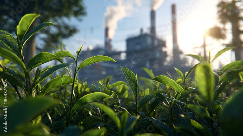 Fresh green tea leaves in the foreground with an industrial power plant in the background
