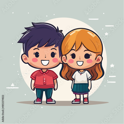 Delightful Digital Artwork Depicting a Cheerful Boy and Girl, Embracing Childhood Friendship with Sweet Smiles