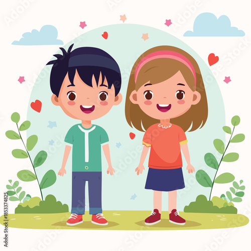 Happy young couple with hearts and plants, symbolizing love and togetherness