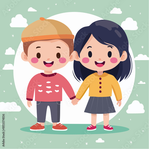 Adorable cartoon children holding hands, depicting joy and innocent friendship in a playful vector illustration