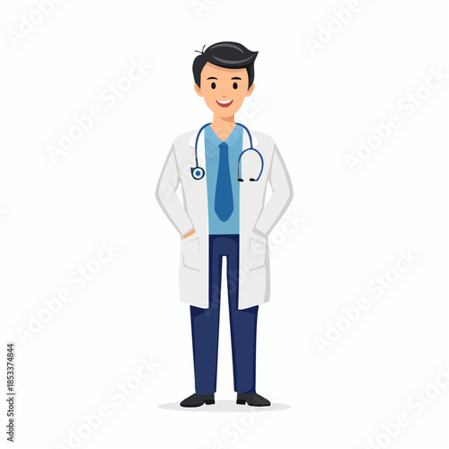 Cartoon illustration of a friendly male doctor wearing a stethoscope and lab coat