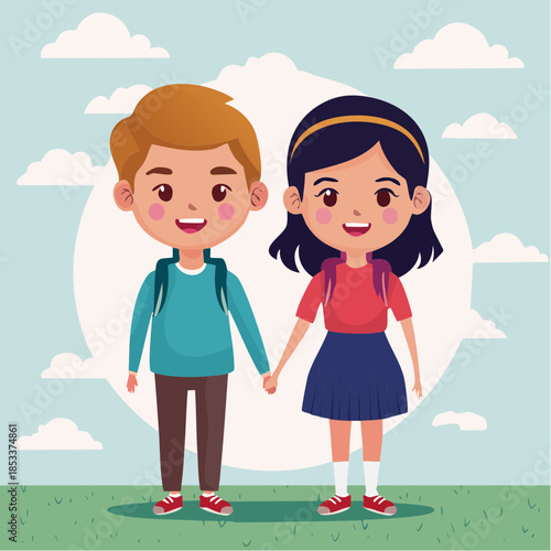 Smiling young boy and girl holding hands with backpacks in a park