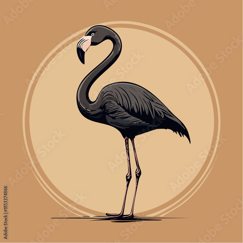 Elegant Black Flamingo Illustration with Graceful Posture in a Stylish Circular Frame