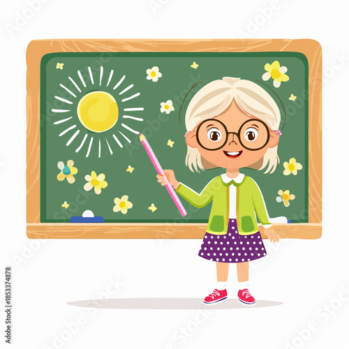 Cheerful Young Girl Student Illustrating Sunny Day and Flowers on Classroom Chalkboard