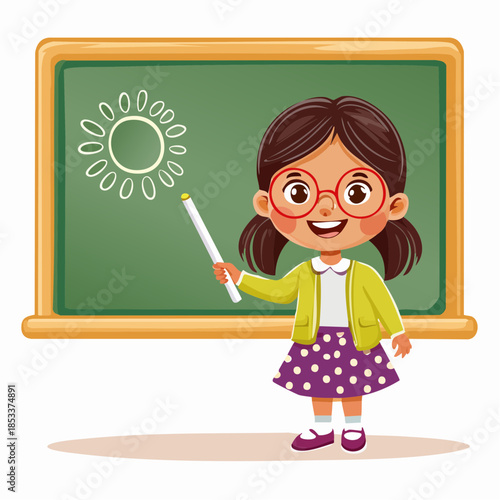 Vibrant illustration of a cheerful schoolgirl explaining a lesson drawn on a classic green chalkboard