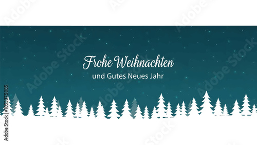Digital illustration of a festive holiday greeting card with a snowy forest landscape and 'Frohe Weihnachten und Gutes Neues Jahr' text on a dark teal background with snowflakes.