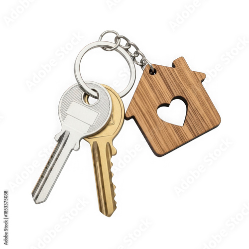 House-shaped keychain with keys, isolated on transparent background