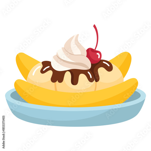 Classic banana split ice cream sundae icon vector illustration with banana chocolate icing and cherry isolated on white perfect for dessert and food design