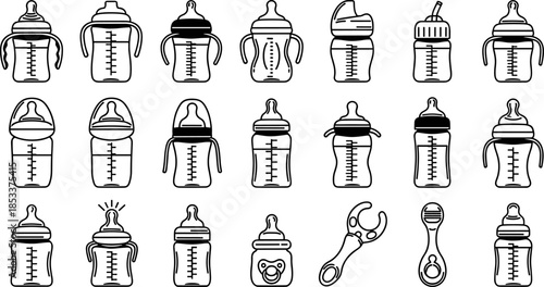 Baby bottle and feeding accessories line icon collection, newborn milk bottles, sippy cups and baby care tools, black vector illustration set isolated on white background