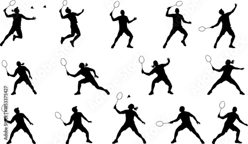 Badminton player silhouette vector set, black athlete action poses collection, racket sports movement icons, dynamic training illustration isolated on white background