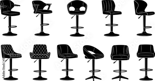 Bar stool silhouette vector collection featuring modern adjustable chairs, furniture seating icons set for interior design, kitchen bar, cafe, restaurant, and home decor projects