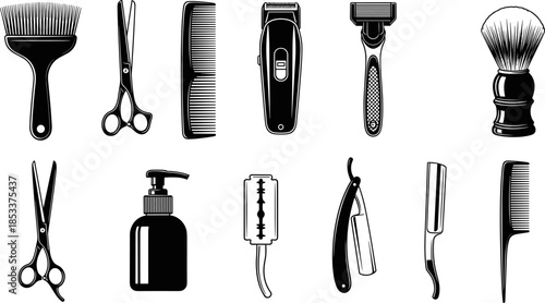 Barber tools silhouette vector collection featuring scissors, clippers, razors, combs, and grooming accessories icons set for barbershop branding, hairstyling graphics, and salon design