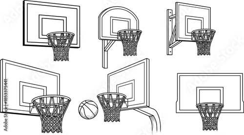 Basketball hoop and backboard line art vector set, sports equipment illustration collection for training graphics, court design, posters, educational materials, and athletic branding