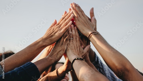 Group of Diverse People Hands Together in Unity Outdoors Bright Natural Light