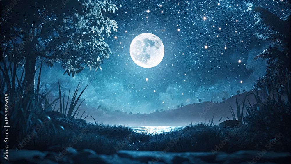 Fototapeta premium Mystical moon floating in starry night sky concept. Serene moonlit lake surrounded by trees and starry night sky.