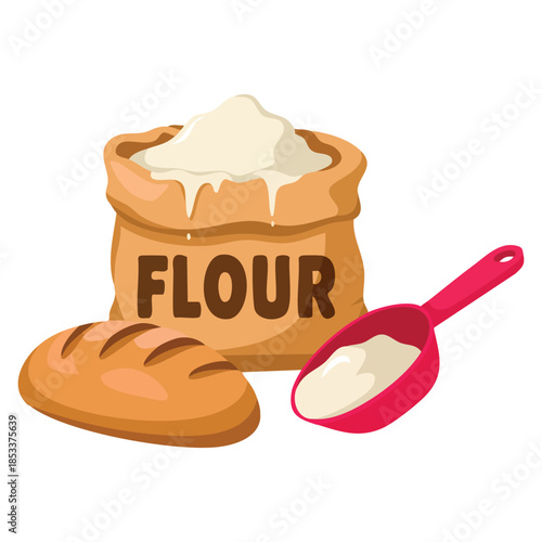 Cloth sack of flour scooper and fresh bread set illustration in bright cartoon style ideal for farm and farming themed design or baking concept