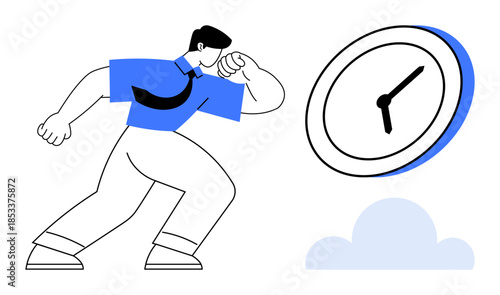 Time management, deadlines, productivity, work-life balance, professional pressure, goal achievement. Businessman in motion facing a clock symbol. Time management and deadlines concept