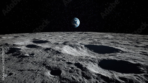 Moon floor isolated on historic lunar landscape concept. View of Earth from the Moon's surface with starry background.