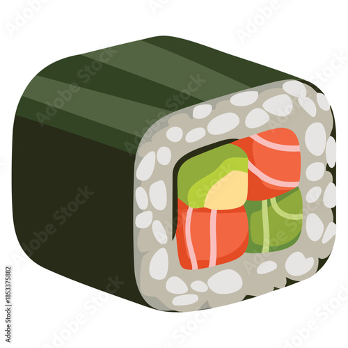 Colorful cartoon illustration of sushi roll with nori rice and salmon perfect for Japanese cuisine restaurant design menus food packaging and playful artwork