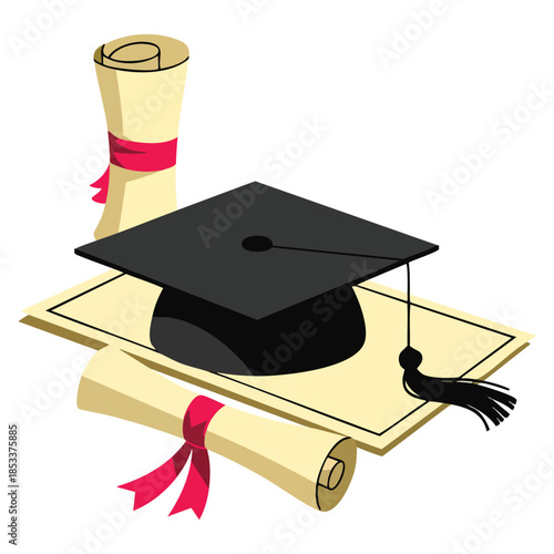 Colorful cartoon style vector illustration of graduation hat and diploma set with school and education objects ideal for academic celebration or educational artwork