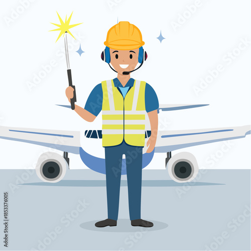 Airport worker with reflective vest and headset directing plane