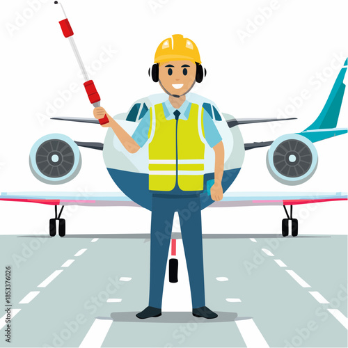 Airport ground crew worker signaling aircraft with marshalling wand