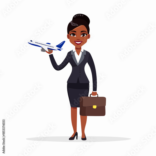 Empowered professional woman ready for global business adventures, holding a miniature aircraft and a briefcase