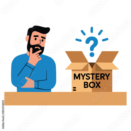 Confused man and mistery box vector illustration suitable for curiosity business problem solving decision making concept themed design and visuals