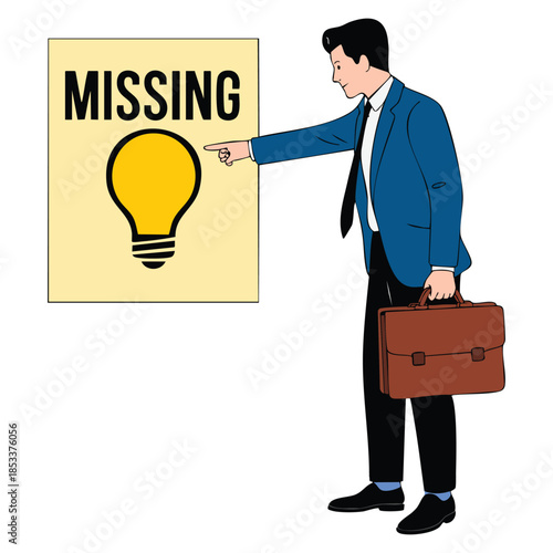 Concept illustration of businessman facing missing idea poster representing creativity challenges loss of inspiration and search for solutions in design themes