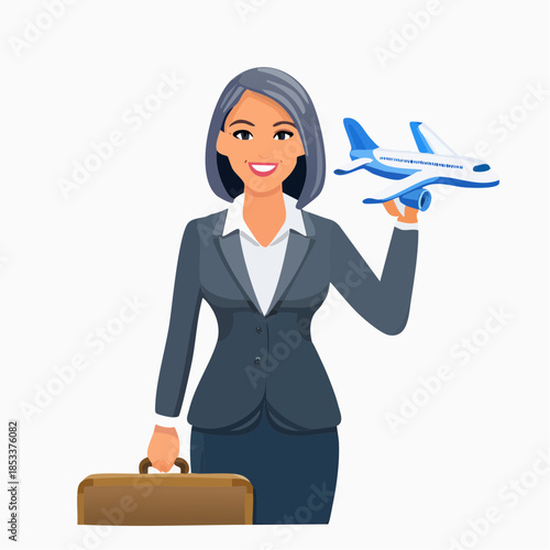 Businesswoman Holding Airplane and Suitcase, Ready for Travel