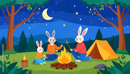Three cartoon rabbits having a campfire under the stars in a forest.
