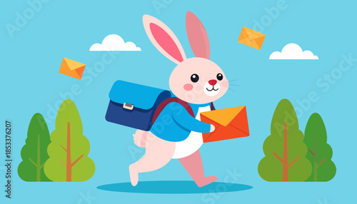 Cartoon rabbit character traveling with luggage and envelopes.