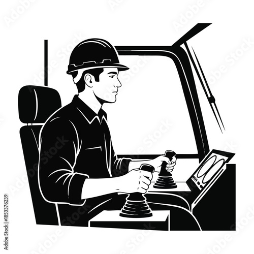 A cartoon-style illustration of a man wearing a hard hat operating controls in a vehicle's cabin with a clean white background.