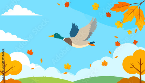 Duck flying through autumn landscape with falling leaves.