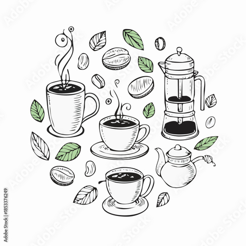 Warm Beverages and Coffee Beans Circle Art Illustration