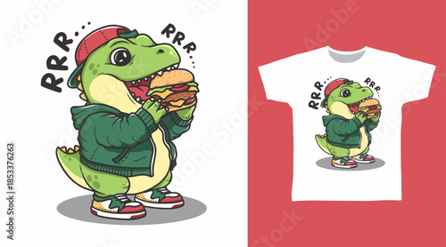 Cute dinosaur eat burger illustration hand drawn, vector ready for print on t-shirt and other uses.