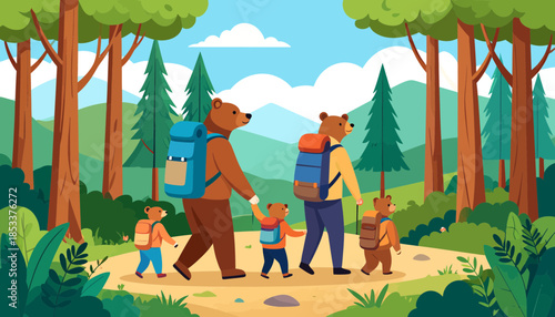 Family of bears hiking together in a forest with backpacks.