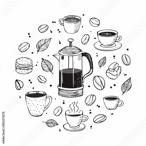 Stylized hand-drawn illustration depicting a delightful assortment of coffee-themed items in a circular arrangement