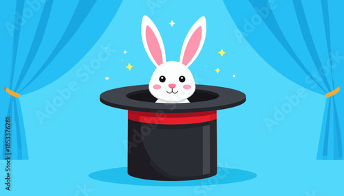 White rabbit emerging from a black magician's hat on stage.